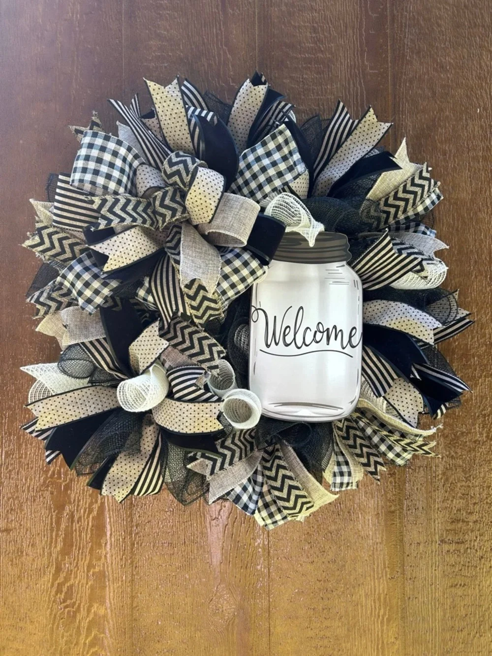 Handmade Welcome Mason Jar Wreath - Black & Cream Decorative Holiday Wreath